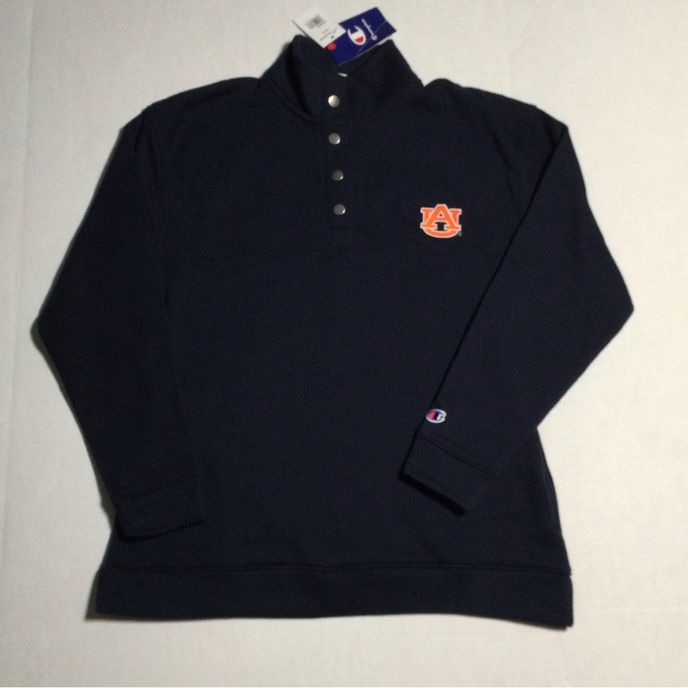 Champion Mens NWT Size Small 3/4 Snap Navy Fleece Pullover with Auburn Logo